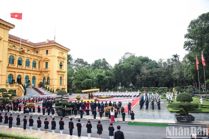 The Presidential Palace, where Prime Minister Pham Minh Chinh hosts the welcome ceremony for his Kyrgyz counterpart Adylbek Kasymaliev.