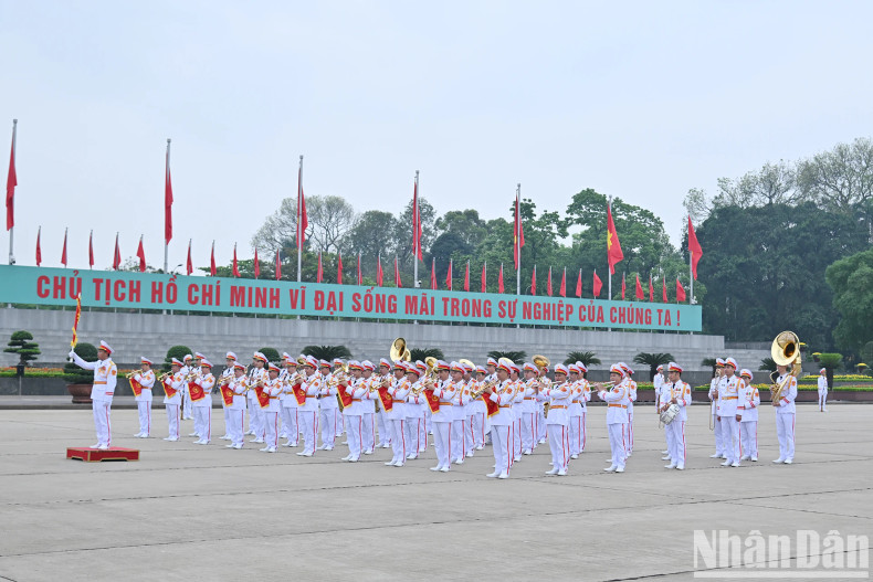 The military band performs ceremonial rites at Ba Dinh Square.