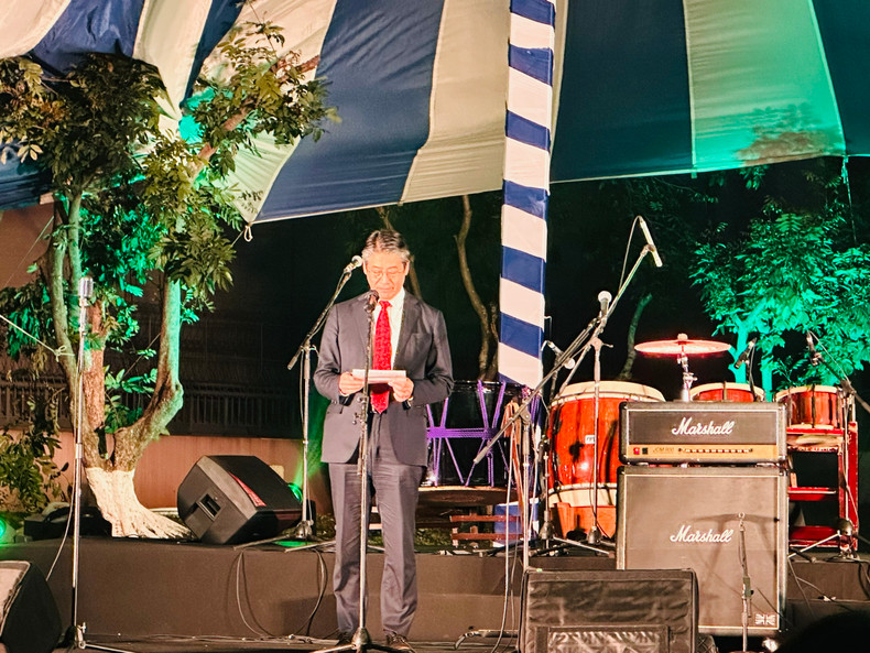 Japanese Ambassador to Vietnam Ito Naoki speaks ahead of the band's performance at his residence in Hanoi on March 21. Japanese Ambassador to Vietnam Ito Naoki speaks ahead of the band's performance at his residence in Hanoi on March 21.