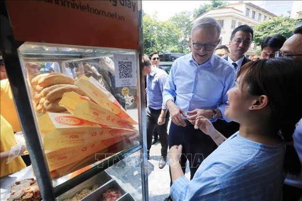 Australian Prime Minister Anthony Albanese is briefed on how to make a "banh mi". (Photo: VNA)
