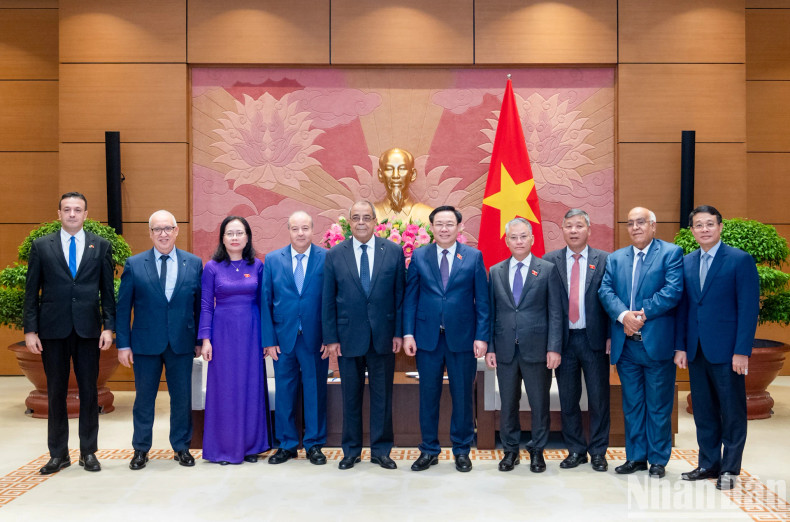 NA Chairman Vuong Dinh Hue, Algerian Minister of Industry and Pharmaceutical Production Ali Aoun and other delegates pose for a photo.