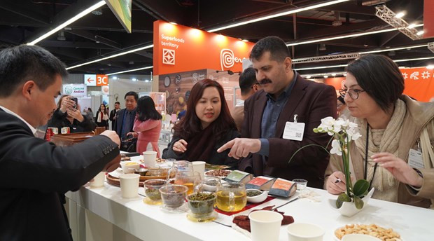 Visitors inquire about Vietnam's organic tea. (Photo: VNA)