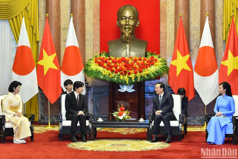President Vo Van Thuong, his spouse Phan Thi Thanh Tam, Japanese Crown Prince Akishino and Crown Princess Kiko at the reception. President Vo Van Thuong, his spouse Phan Thi Thanh Tam, Japanese Crown Prince Akishino and Crown Princess Kiko at the reception.
