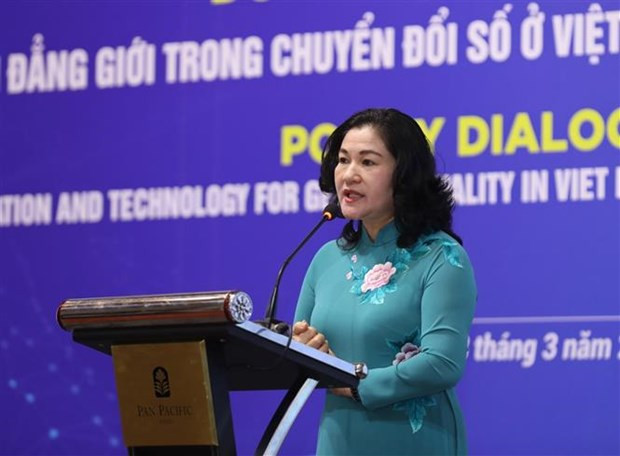 Deputy Minister of Labour, Invalids and Social Affairs Nguyen Thi Ha speaks at the meeting. (Photo: VNA)