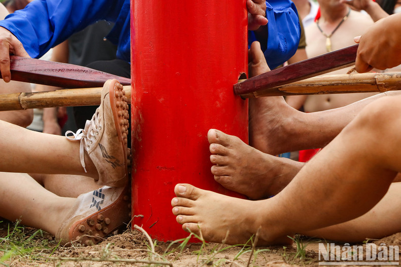 Those in the front row press their feet on an ironwood pillar, making it easier to pull the pole. Those in the front row press their feet on an ironwood pillar, making it easier to pull the pole.