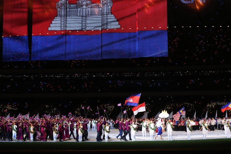 The athletes from the host country of Cambodia.