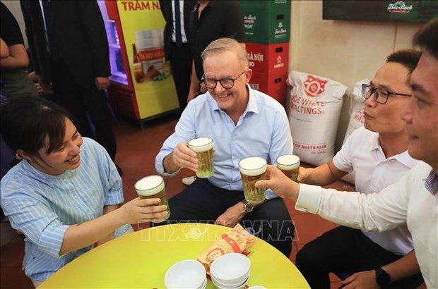 Australian Prime Minister Anthony Albanese enjoys locally brewed beer (bia hoi) with young people. (Photo: VNA)