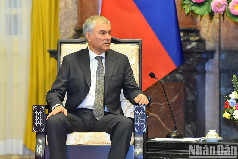 Russian State Duma Chairman Vyacheslav Viktorovich Volodin speaks at the reception.