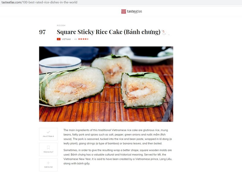 Square Sticky Rice Cake ranks 97th among 100 best rated rice dishes. (Screenshot) Square Sticky Rice Cake ranks 97th among 100 best rated rice dishes. (Screenshot)
