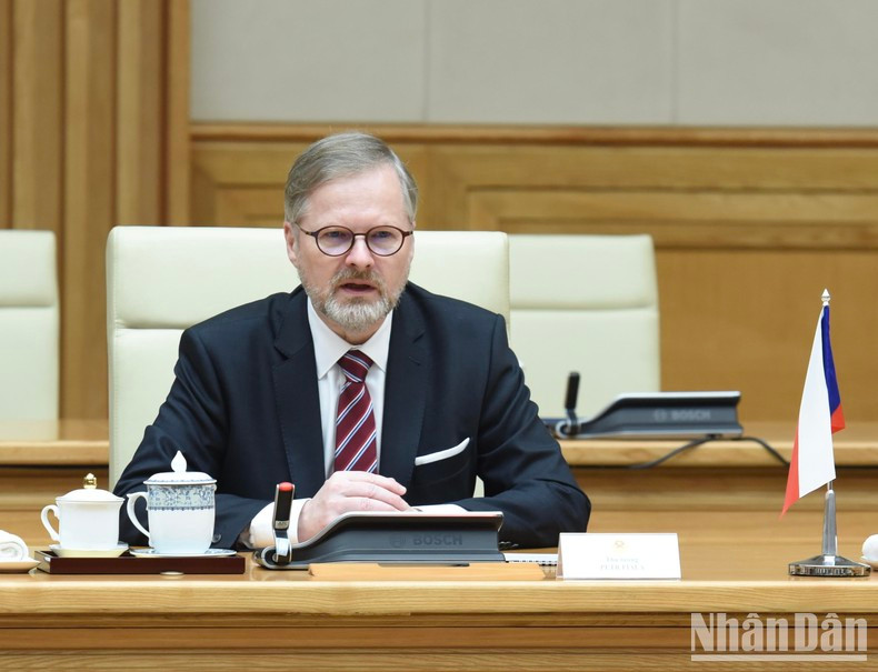 Prime Minister of the Czech Republic Petr Fiala speaks at the talks.