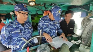 Officers of the Viet Nam Coast Guard Region 2 Command step up communications efforts to encourage fishermen to comply with anti-IUU fishing regulations. (Photo: VNA)