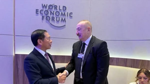 Deputy Prime Minister Bui Thanh Son (left) meets with Azerbaijani President Ilham Aliyev in Davos. (Photo: VNA)