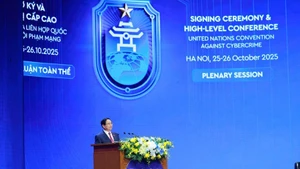 Prime Minister Pham Minh Chinh speaks at the October 25 high-level discussion held within the framework of the Signing Ceremony and High-Level Conference of the United Nations Convention against Cybercrime. (Photo: VNA)