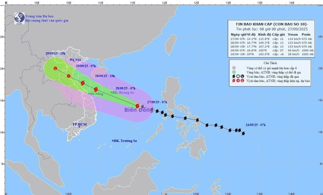A map shows the predicted path of Typhoon Bualoi as of 7am on September 27. (Source: National Centre for Hydro-Meteorological Forecasting) A map shows the predicted path of Typhoon Bualoi as of 7am on September 27. (Source: National Centre for Hydro-Meteorological Forecasting)