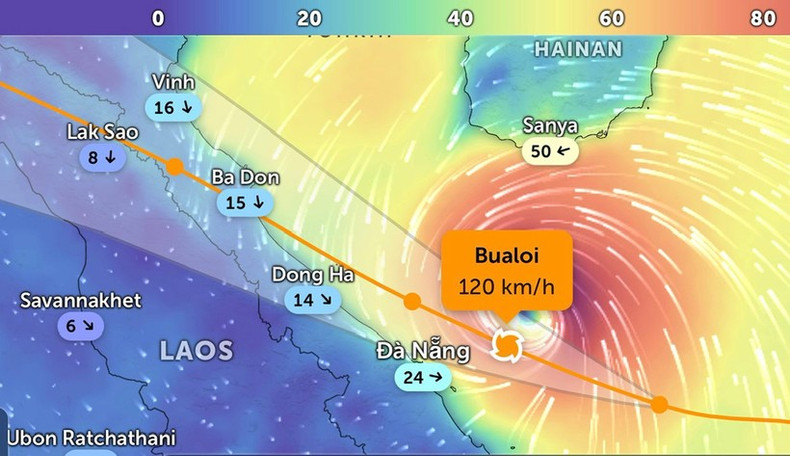 A map shows the predicted path of Typhoon Bualoi as of 8:15 a.m. on September 28. (Photo: Zoom Earth) imagebualoi2.jpg