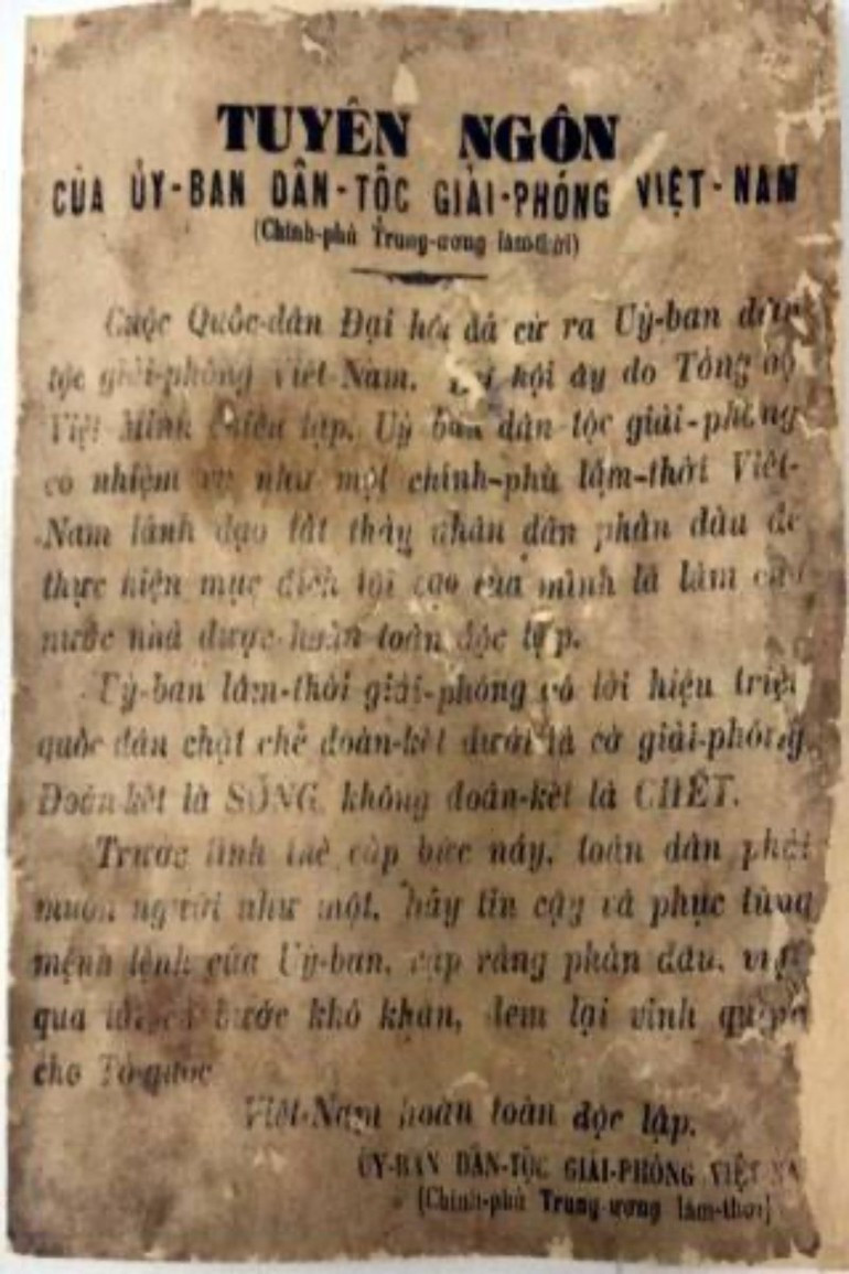 Declaration of the Viet Nam National Liberation Committee, August 1945, on display at the National Museum of History. (Photo: baotanglichsu.vn) image-tuyen-ngon.jpg