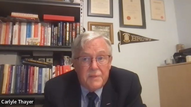 Professor Carl Thayer in a conference talk with the VNA reporter (Photo: VNA)