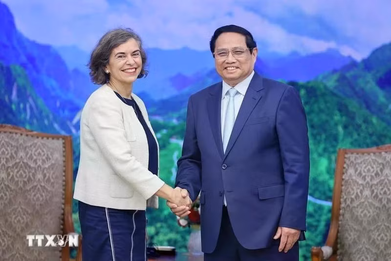 Prime Minister Pham Minh Chinh (right) receives Spanish Ambassador to Vietnam Carmen Cano De Lasala in April 2024. (Photo: VNA)