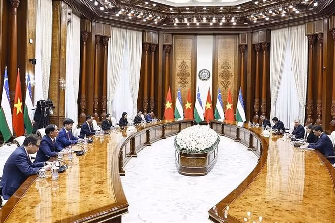 The meeting between NA Chairman Tran Thanh Man and Uzbek President Shavkat Mirziyoyev in Tashkent on April 7. (Photo: VNA)