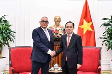 Minister of Foreign Affairs Le Hoai Trung (right) meets with European Commissioner for International Partnerships Jozef Sikela in Hanoi on March 24 (Photo: baoquocte.vn)