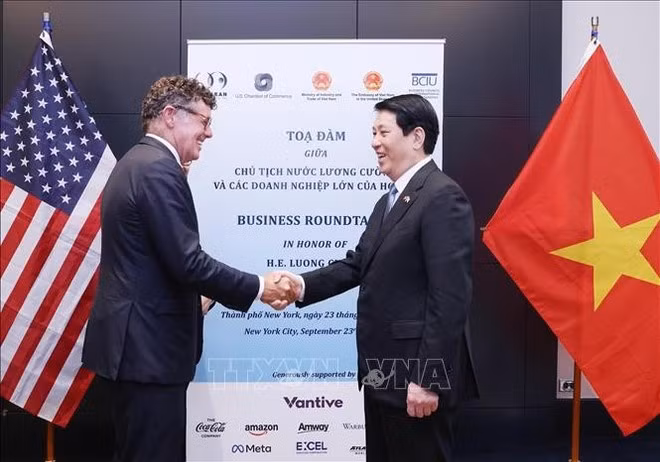 State President Luong Cuong (R) receives leaders of major US businesses (Photo: VNA)