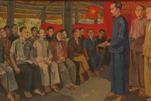 President Ho Chi Minh speaking with delegates of the Congress of People’s Representatives at Tan Trao Communal House. (Oil painting by Cao Thuong)