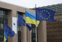 Flags of European Union (EU) and Ukraine are seen at the EU headquarters in Brussels, Belgium, February 24, 2025. (Photo: Xinhua)