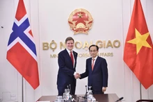 Minister of Foreign Affairs Le Hoai Trung (right) and Norwegian Minister of International Development Åsmund Aukrust at their meeting on February 10. (Photo: baoquocte.vn)