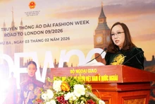 Nguyen Viet Trieu, President of the Vietnamese Women Union in Europe, speaks at the February 3 press conference on the Ao Dai Fashion Week London 2026. (Photo: Organising Committee)