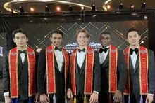 The top five at the Manhunt International 2025 competition. A French contestant (centre) won the pageant, while Vietnamese representative Nguyen Vu Linh (right) was the fourth runner-up. (Photo: Courtesy of Manhunt International 2025)