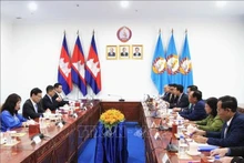 An overview of the working session between the delegation from the Party Central Committee’s Commission for Information, Education and Mass Mobilisation and the CPP Central Committee’s Mass Mobilisation Commission (Photo: VNA)