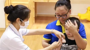 A healthcare worker administers a measles vaccine to a child at a vaccination site in Ha Noi. (Photo: VNA)