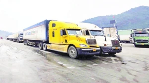 Trucks carrying goods at the Tan Thanh border gate area, Lang Son province. (Photo: QUOC DAT)