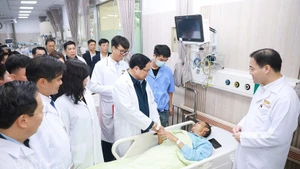 Prime Minister Pham Minh Chinh visits and extends Lunar New Year greetings to a patient undergoing treatment at Bach Mai Hospital. (Photo: VNA)