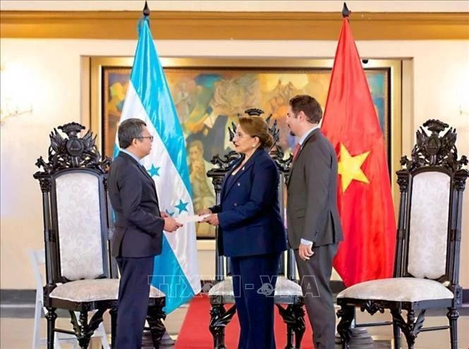 Vietnamese Ambassador to Mexico and Honduras Nguyen Van Hai (left) presents the letter of credence to Honduran President Xiomara Castro at a ceremony on June 13 (local time). (Photo: VNA)