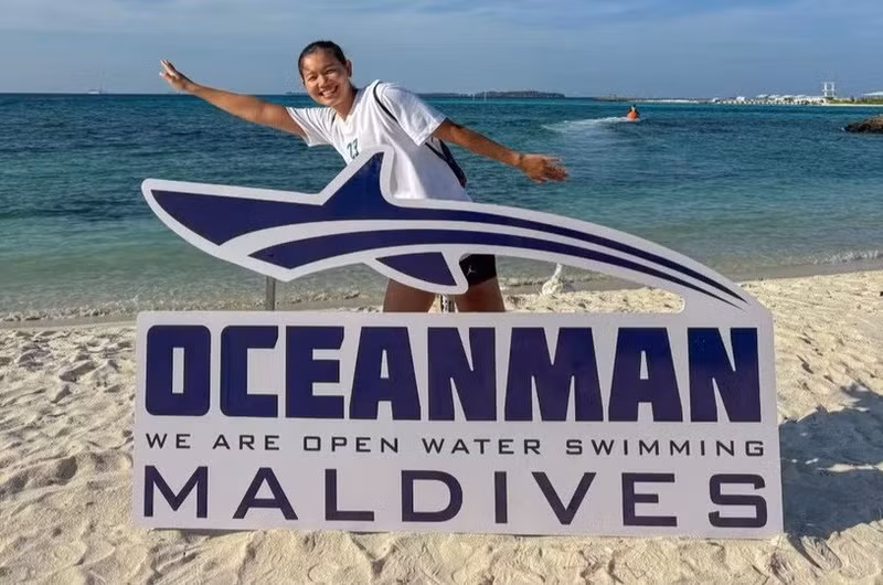 Nguyen Thi Anh Vien impresses international experts with her performance at the Oceanman Maldives 2026 open water swimming championship. (Photo courtesy of the swimmer)