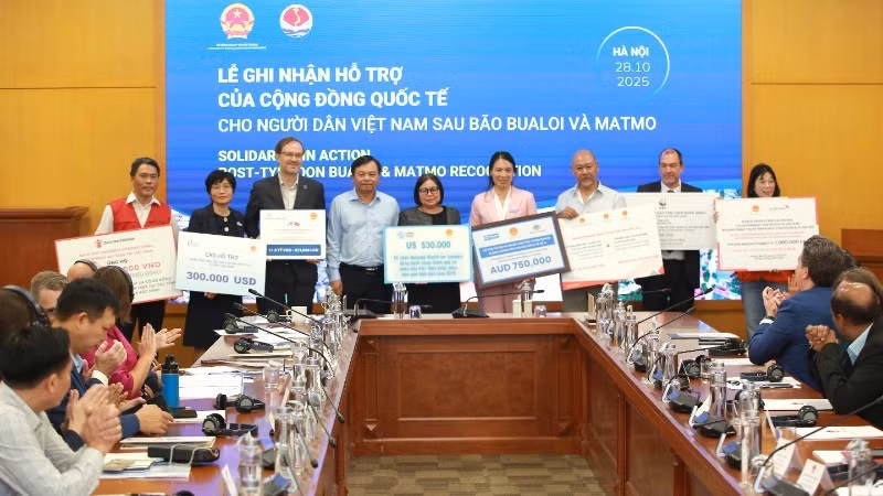 Deputy Minister of Agriculture and Environment Nguyen Hoang Hiep presents a token of appreciation to embassies and international organisations for their contributions to supporting Vietnamese people affected by the storms.