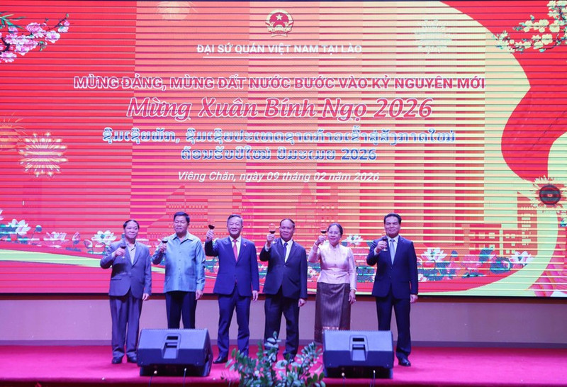 Vietnamese Ambassador to Laos Nguyen Minh Tam (third from left) and Lao Party and State leaders at the Tet gathering (Photo: VNA)