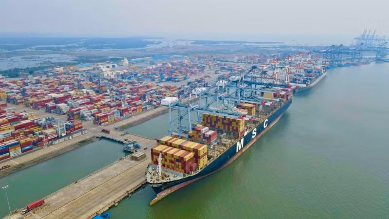 A large container ship calls at the Cai Mep–Thi Vai port complex.