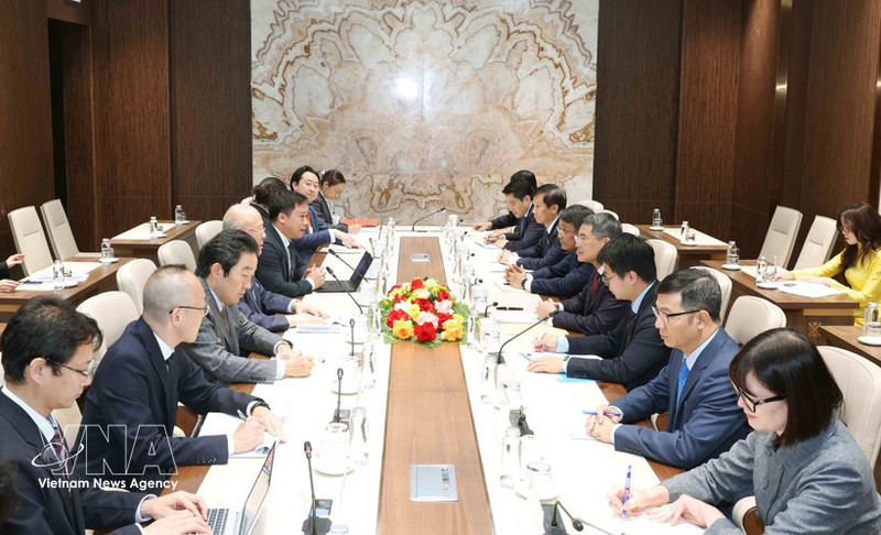 Head of Party Central Committee’s Organisation Commission Le Minh Hung receives Takebe Tsutomu, Special Advisor to Japan–Viet Nam Parliamentary Friendship Alliance. (Photo: VNA)