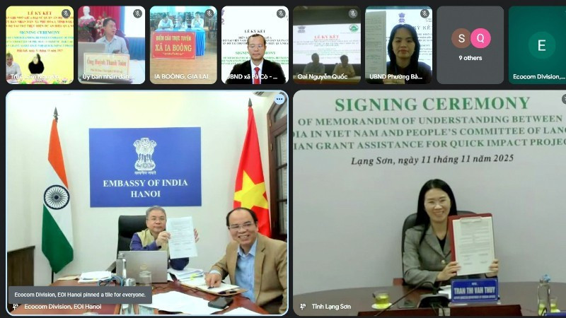 The online signing ceremony on the implementation of QIPs. (Photo: Embassy of India in Viet Nam)