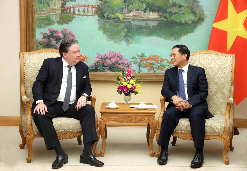 Deputy Prime Minister Bui Thanh Son (R) receives US Ambassador to Viet Nam Marc E. Knapper in Ha Noi on October 23. (Photo: VNA)