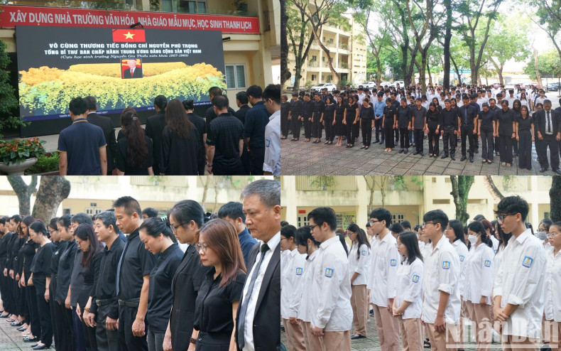 Teachers, students and generations of former students of Nguyen Gia Thieu High School spent a minute of silence commemorating General Secretary Nguyen Phu Trong. Teachers, students and generations of former students of Nguyen Gia Thieu High School spent a minute of silence commemorating General Secretary Nguyen Phu Trong.