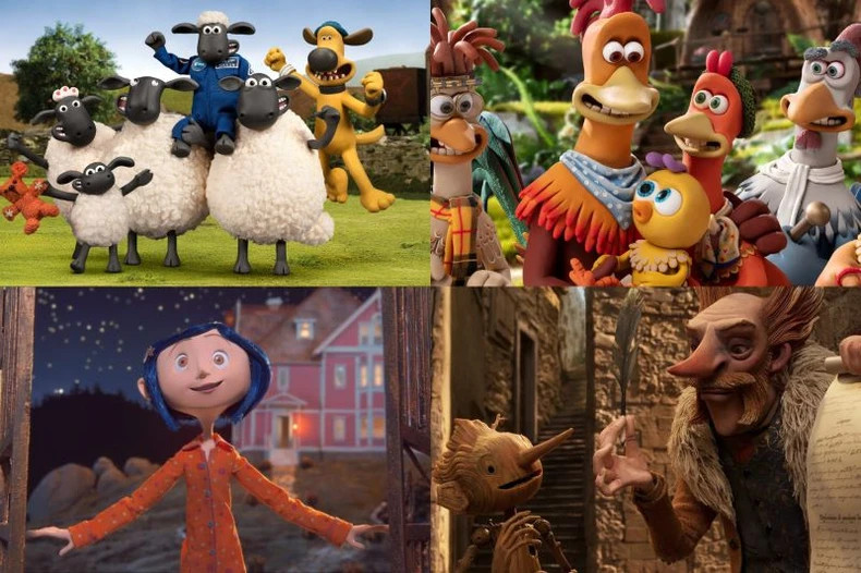 Some world-famous stop motion animated films (from top to bottom, from left to right): Shaun the Sheep; Chicken Run; Coraline; Guillermo del Toro’s Pinocchio. (Photo: Internet)