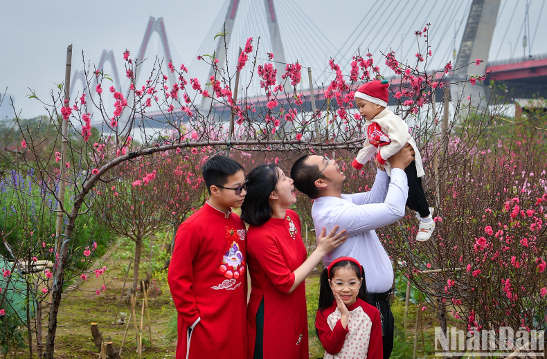 The moment of a happy family surrounded by bright spring peach blossoms.