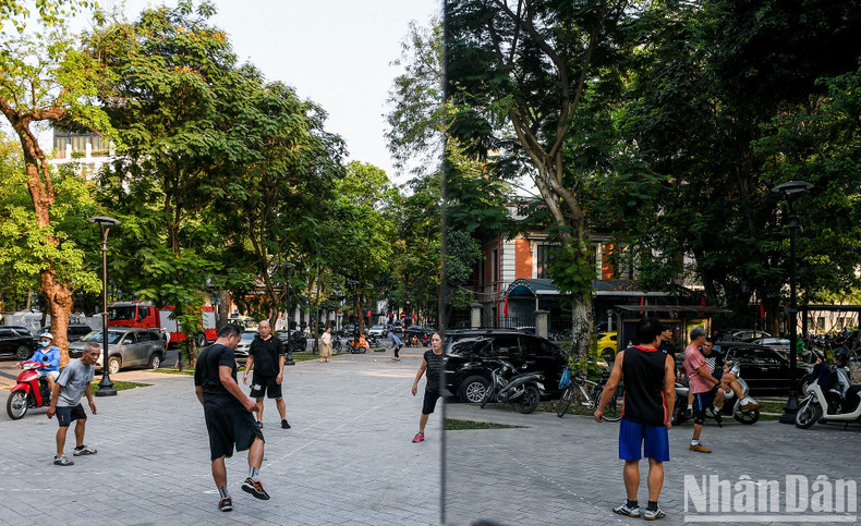 The daily sports activities of people at Dien Hong flower garden are reflected with interesting views through the glass.
