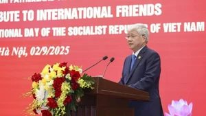 Do Van Chien, Politburo member, Secretary of the Party Central Committee, and President of the Viet Nam Fatherland Front Central Committee, delivers a speech at the meeting (Photo: NDO)