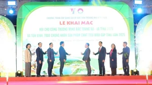 Representatives of Ha Tinh Province and the Trade Promotion Agency at the opening ceremony of the fair.
