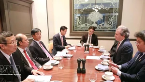 Nguyen Duy Ngoc (third from left), Politburo member and deputy head of the Central Steering Committee for the Development of Science, Technology, Innovation and Digital Transformation, chairs a working session with representatives from Rosen Partners (Photo: VNA)