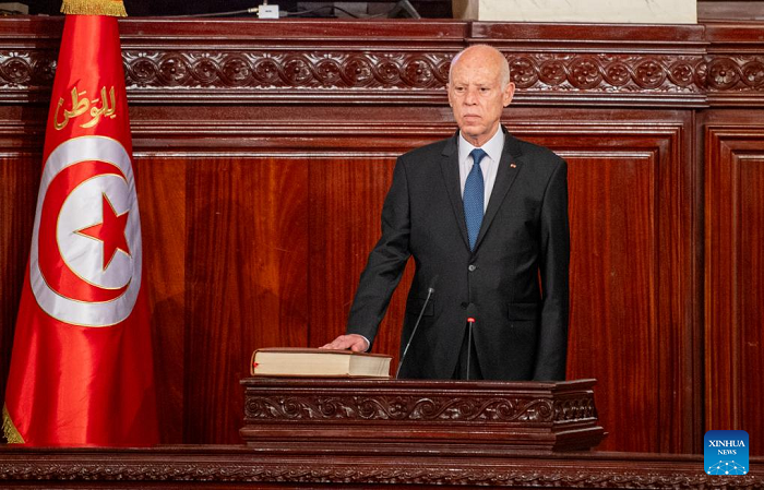 Tunisia's re-elected President Kais Saied took an oath on Monday at the Assembly of People's Representatives' headquarters, the Tunisian Parliament, in the capital Tunis.